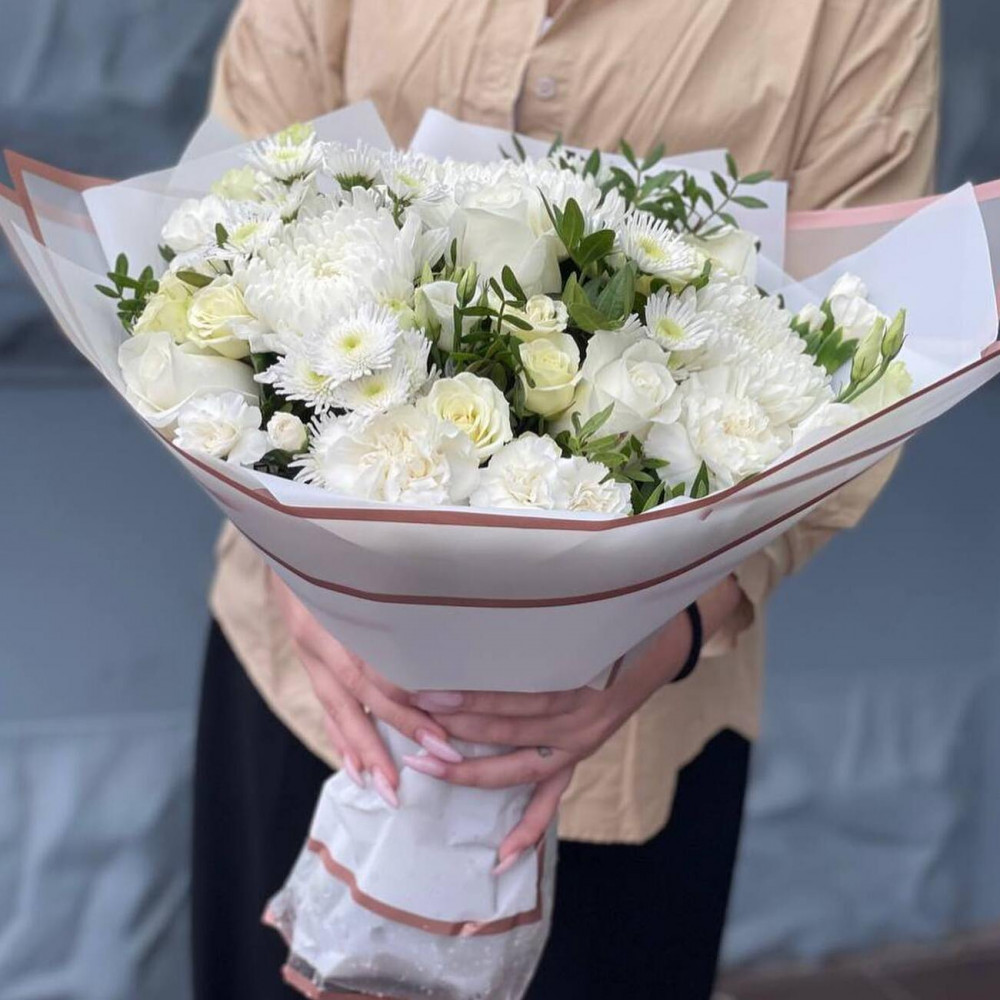 Букет цветов «Букет из белых гвоздик и роз» - фото 2