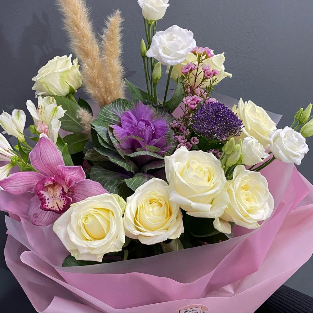 Букет цветов «Белые розы с сухоцветом» - фото 2